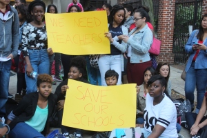 Students at Constitution High School protest rumored cuts to the school's budget.  Photo by Isaac Riddle
